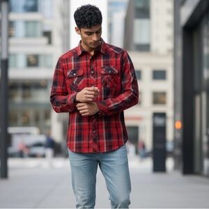 Rock & Republic Red Plaid Stretch Long Sleeve Button Down, Men’s Size -Large